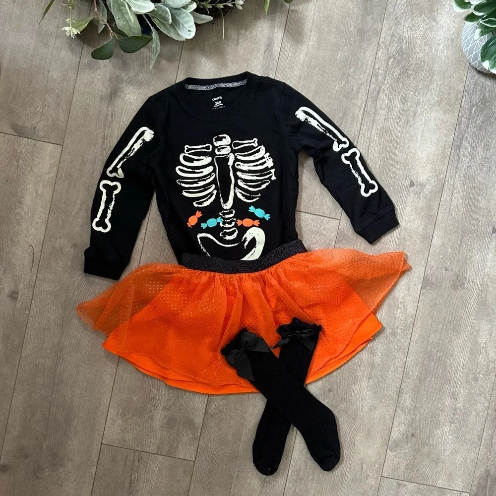 Halloween Glow in the Dark Top, Tutu Skirt, Knee High Socks 3-Piece Outfit Set